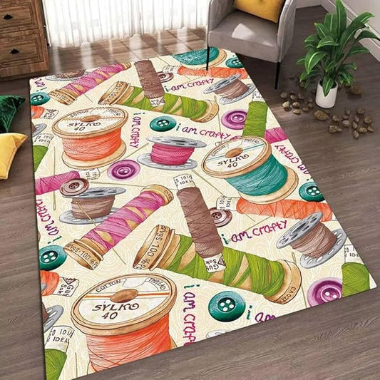 Multicolor Sewing Needlework Thread Print Area Rugs for Living Room Non-Slip Low Pile Sewing Machine Themed Area Rug Balcony Decor Fun Sewing Buttons Carpets 5'x8'