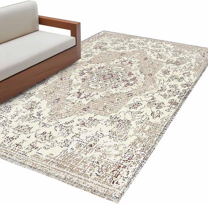 Beige Boho 4x6 Area Rugs, Vintage Ethnic Floral Non-Skid Rubber Backing Large Rectangle Rugs - Living Room Bedroom Home Office, Abstract Art Geometric Indoor Floor Mat Carpets Washable Rug