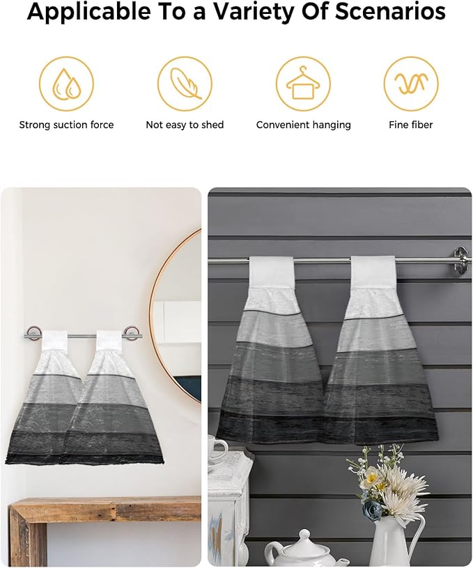 Alandar Home Kitchen Tie Towel Set of 1, Farm Retro Wood Grain Black Gray Absorbent Soft Hand Towels for Bathroom Hanging Towels, Farmhouse Gradient Stripes Fast Drying Cleaning Cloth with Loop