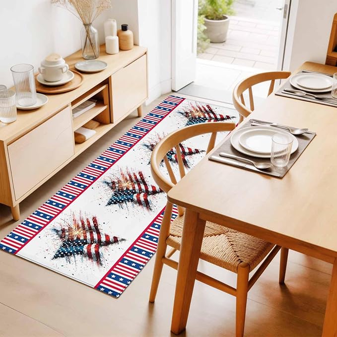 Runner Rug for Bedroom Hallway, 4th of July Stars Stripes Abstract Flag Kitchen Runner Rugs Area Rug 2x6ft, Patriotic Theme Washable Soft Floor Carpet for Entryway Stair