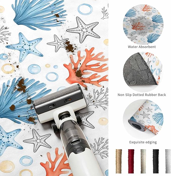 Area Rug 9x12ft, Coastal Starfish Shell Coral Washable Rugs for Living Room Bedroom Rectangle Floor Carpet, Ocean Bubble Blue Black Orange Soft Non-Slip Area Rugs for Dining Room