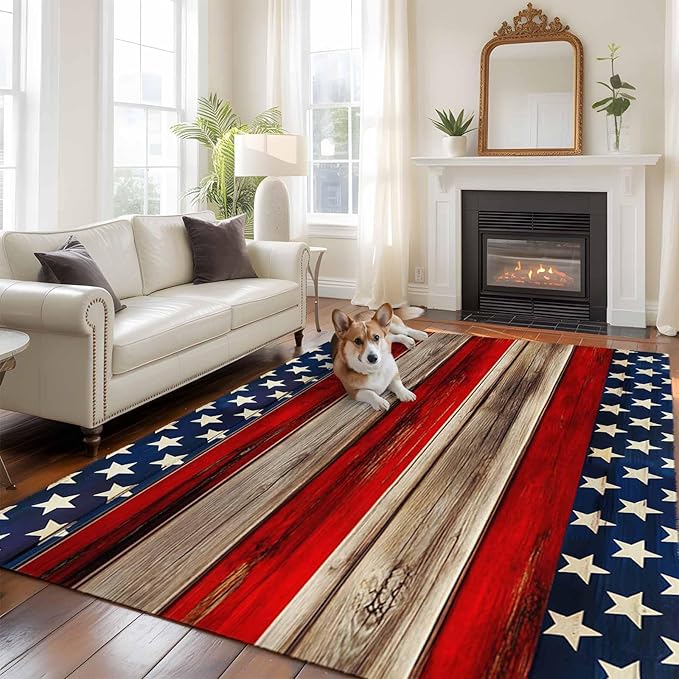 Area Rug 6x9ft, Vintage Stripes and Stars Washable Rugs for Living Room Bedroom, Patriotic 250th Anniversary Soft Non-Slip Area Rugs Rectangle Floor Carpet for Dining Room