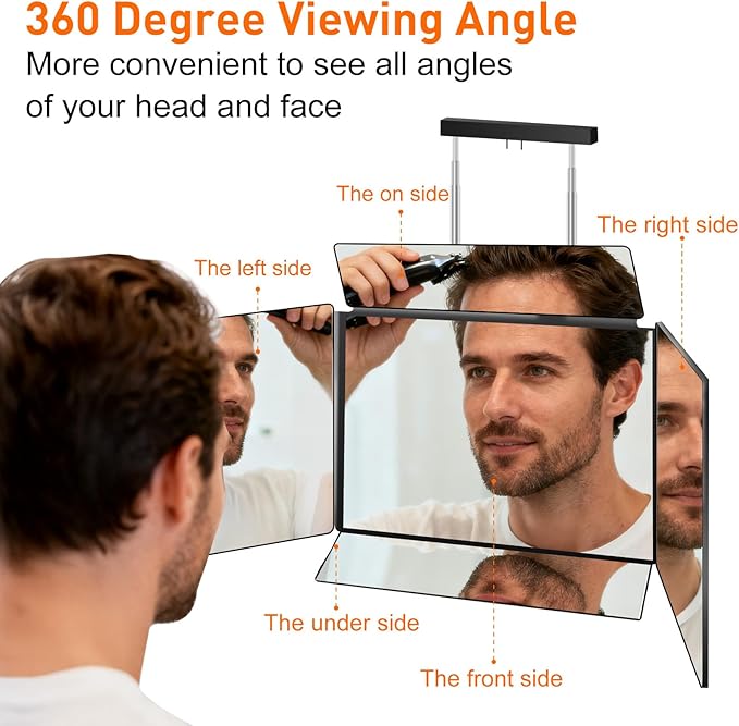 LMZNXCZ 5 Way Mirror for Self Hair Cutting, 360 Haircuts Mirror Men for Barber Use Tools, to See Back of Head, Tri Fold with Portable Height Adjustable Telescoping Hooks