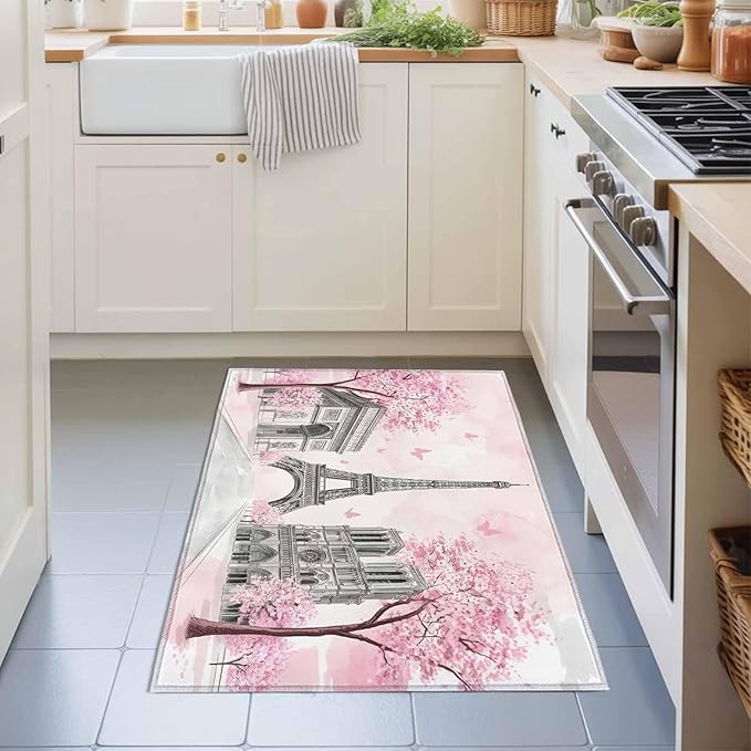 Area Rug 2x3ft, Modern Pink Flower Paris Landmarks Washable Rugs for Living Room Bedroom, Towel Architecture Soft Non-Slip Area Rugs Rectangle Floor Carpet for Dining Room
