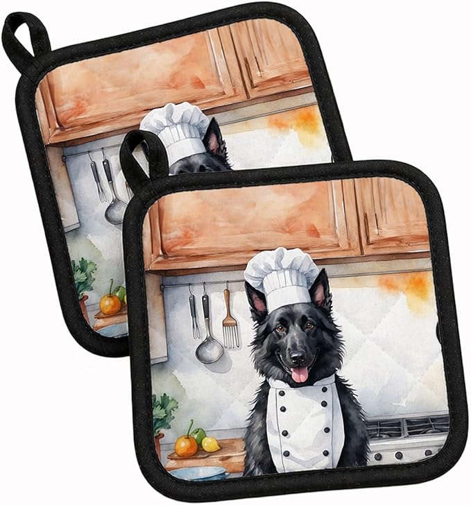 Caroline's Treasures Belgian Sheepdog The Chef Pair of Pot Holders Kitchen Heat Resistant Pot Holders Sets Oven Hot Pads for Cooking Baking BBQ, 7 1/2 x 7 1/2