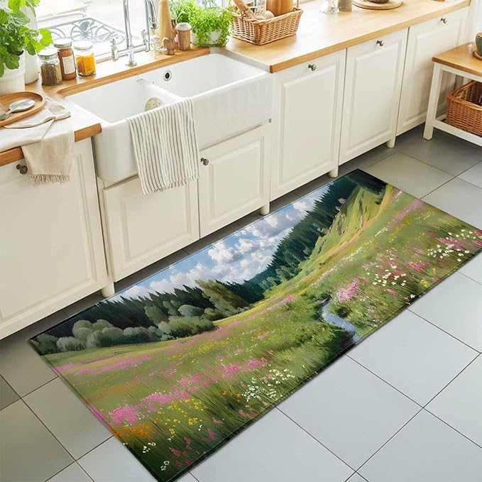 Runner Rug for Bedroom Hallway, Watercolor Flowers Leaves Forest Meadow Kitchen Runner Rugs Area Rug 2x6ft, Oil Paint Texture Washable Soft Floor Carpet for Entryway Stair