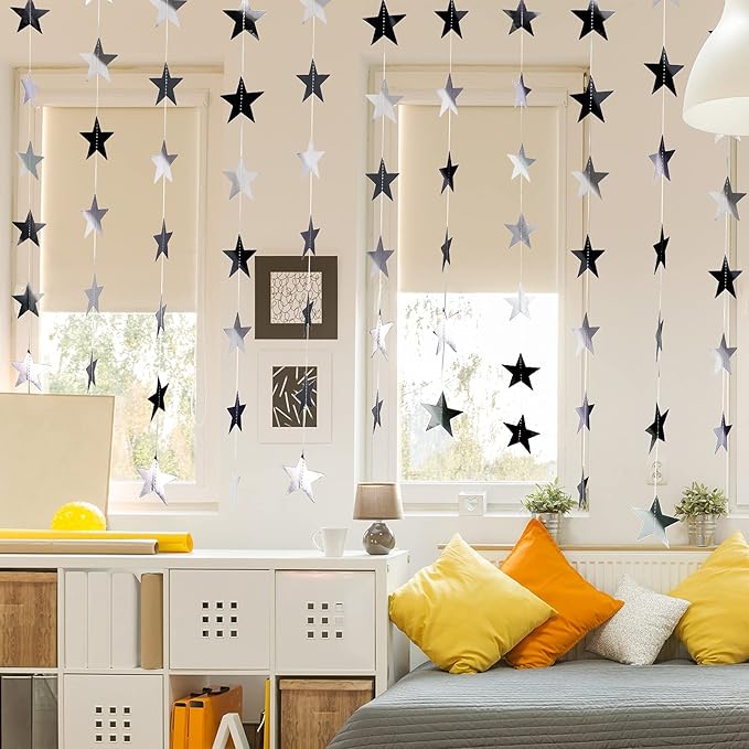 Patelai 130 Feet Glitter Star Garland Banner 2026 Party Decoration Double Side Star Hanging String Streamer Paper Twinkle for Graduation Wedding Birthday (Black)