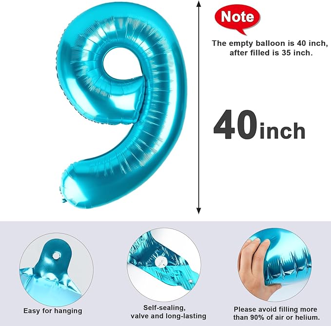 40 Inch Light Blue Numbers 9 Balloon, Balloons Decorations for 9 19 90 Birthday Party, Engagement, Wedding, Graduations, Photo Shoot Supplies
