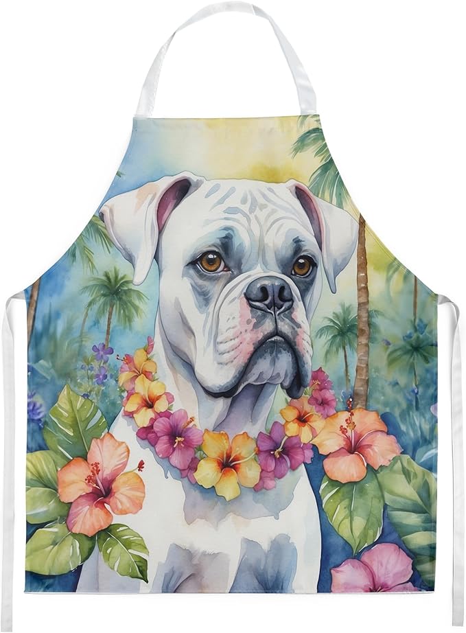Caroline's Treasures White Boxer Luau Apron Cooking Kitchen Server Baking Crafts Gardening for Adult Women Men, Unisex, Large, Multicolor
