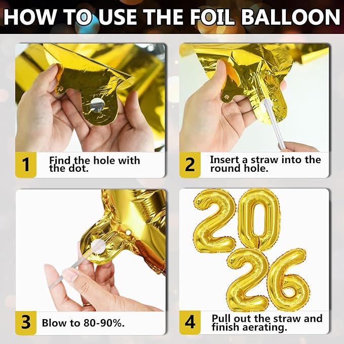 2026 New Years Decorations Set, New Years Eve Party Supplies 2026, "HAPPY NEW YEAR" Banner, "2025" Foil Balloon, Photo Props, Hats, Balloon Party Kit, Fringe Curtain