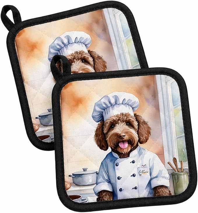 Caroline's Treasures Labradoodle The Chef Pair of Pot Holders Kitchen Heat Resistant Pot Holders Sets Oven Hot Pads for Cooking Baking BBQ, 7 1/2 x 7 1/2