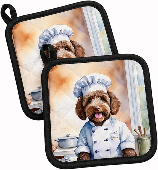 Caroline's Treasures Labradoodle The Chef Pair of Pot Holders Kitchen Heat Resistant Pot Holders Sets Oven Hot Pads for Cooking Baking BBQ, 7 1/2 x 7 1/2