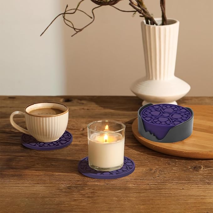 6 Pack Purple Silicone Drink Coasters with Holder, 4 Inch Non-Slip Heat-Resistant Round Cup Mats, Decorative Waterproof Coasters for Tabletop, Office Desk, Bar & Coffee Table, Dishwasher Safe