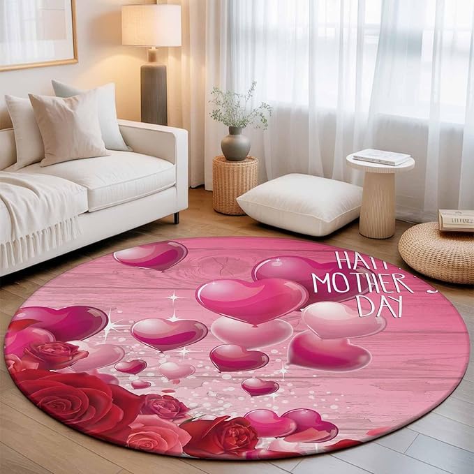 Washable Round Area Rug Mother's Day Love Balloon Rose Circle Rugs Floor Carpet for Living Room Bedroom, Gradient Pink Wood Grain Soft Non Slip Round Rug 5ft