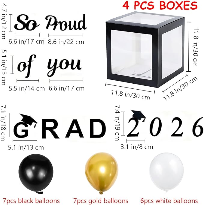 Graduation Decorations 2026 Set of 4 Boxes with 20pcs Balloons and Letters 2026 GRAD So Proud of You - Class of 2026 Party Supplies for High School & College Celebrations