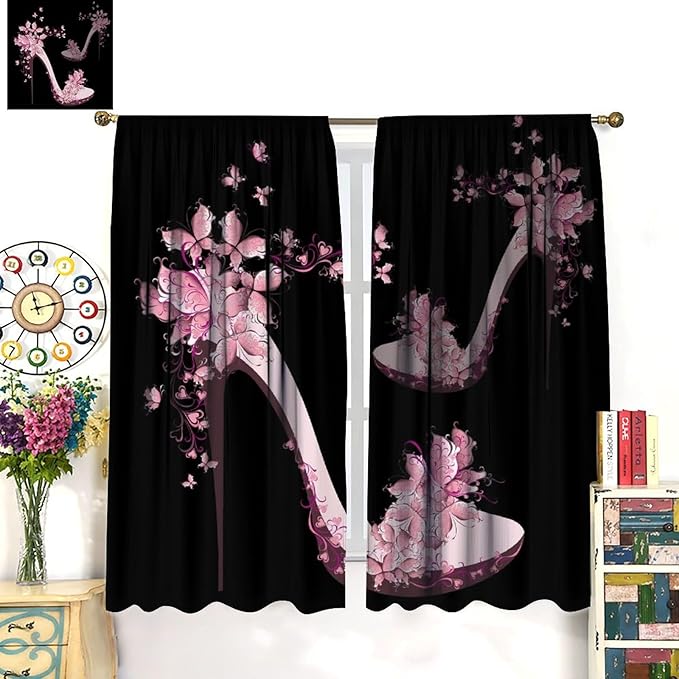 Heels Shoes Window Curtain,Retro Lady Women Pink Floral Butterfly Print Home Deocr Curtains for Kitchen Cafe Bedroom Dining Room Office Living Room Drapes, 42x54 in