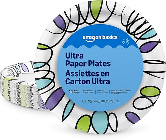 Amazon Basics Ultra Paper Plates, 10 Inch, Disposable, 44 Count, Packaging May Vary