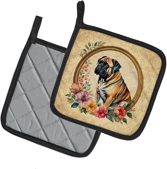 Caroline's Treasures Mastiff and Flowers Pair of Pot Holders Kitchen Heat Resistant Pot Holders Sets Oven Hot Pads for Cooking Baking BBQ, 7 1/2 x 7 1/2