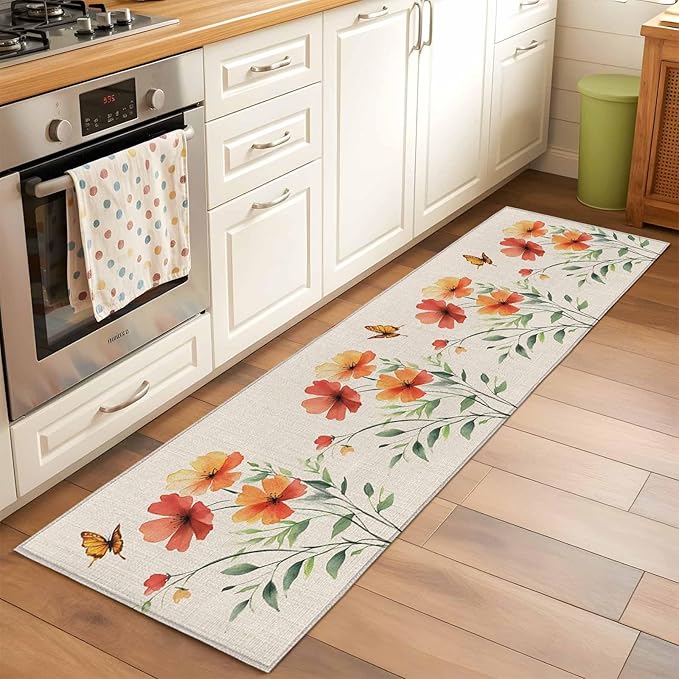 Runner Rug for Bedroom Hallway, Summer Watercolor Flower Butterfly Kitchen Runner Rugs Area Rug 2x6ft, Green Leaves Retro Linen Washable Soft Floor Carpet for Entryway Stair