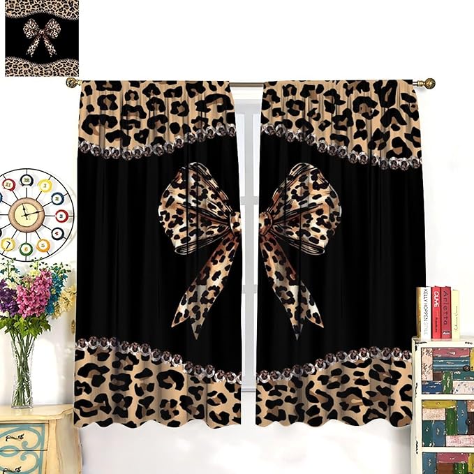 Bow Blackout Curtain,African Cheetah Leopard Girls Women Modern Fashion Window Curtains for Kitchen Bedroom Cafe Dining Room Office Living Room Drapes,63x63 in
