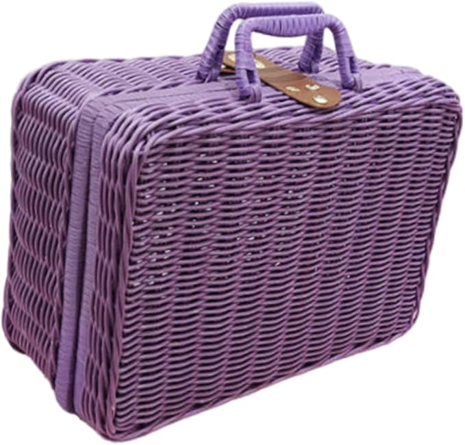 Woven Suitcase Imitation Rattan Storage Basket Gift Box Rustic Picnic Suitcase Handwoven Storage Case for Travelling Bathroom, Violet L