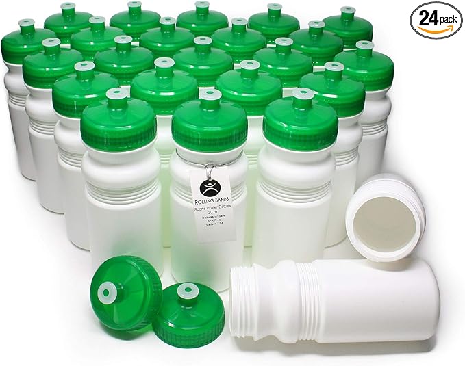 Rolling Sands Reusable Bulk Water Bottles 24 Pack - 20 Oz Sports Water Bottles, USA Made, BPA-Free, Wide Mouth for Easy Cleaning, Dishwasher Safe, Break Resistant - White Bottle/Green Lid
