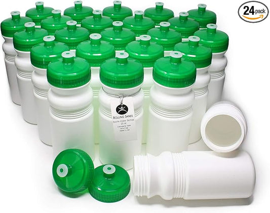 Rolling Sands Reusable Bulk Water Bottles 24 Pack - 20 Oz Sports Water Bottles, USA Made, BPA-Free, Wide Mouth for Easy Cleaning, Dishwasher Safe, Break Resistant - White Bottle/Green Lid