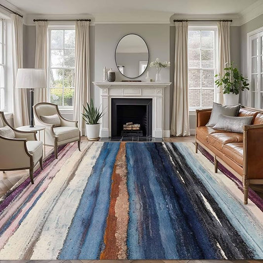 Area Rug 9x12ft, Modern Gradient Striped Art Washable Rugs for Living Room Bedroom Rectangle Floor Carpet, Retro Abstract Rustic Texture Soft Non-Slip Area Rugs for Dining Room