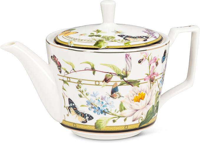 Abbott Collection Butterfly Garden Teapot - Bone China, White/Green, 8.5"L (22oz)