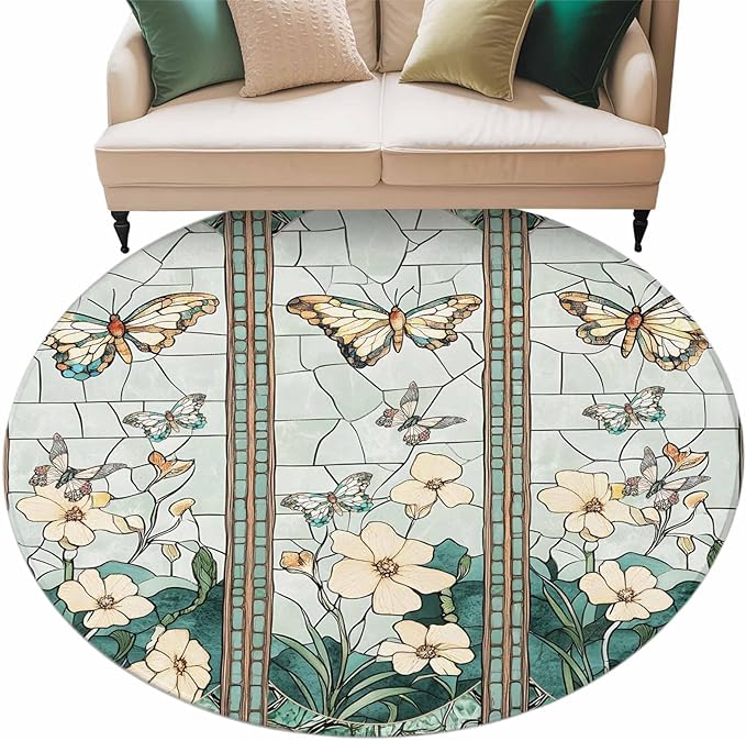 Washable Round Area Rug Spring Flower Colorful Butterfly Circle Rugs Floor Carpet for Living Room Bedroom, Vintage Green Plant Soft Non Slip Round Rug 5ft