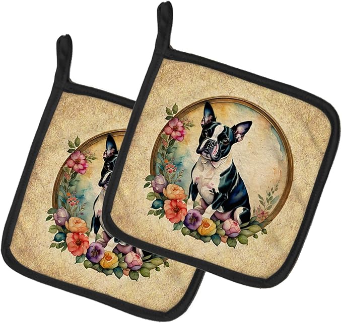 Caroline's Treasures Boston Terrier and Flowers Pair of Pot Holders Kitchen Heat Resistant Pot Holders Sets Oven Hot Pads for Cooking Baking BBQ, 7 1/2 x 7 1/2