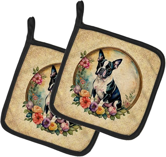 Caroline's Treasures Boston Terrier and Flowers Pair of Pot Holders Kitchen Heat Resistant Pot Holders Sets Oven Hot Pads for Cooking Baking BBQ, 7 1/2 x 7 1/2