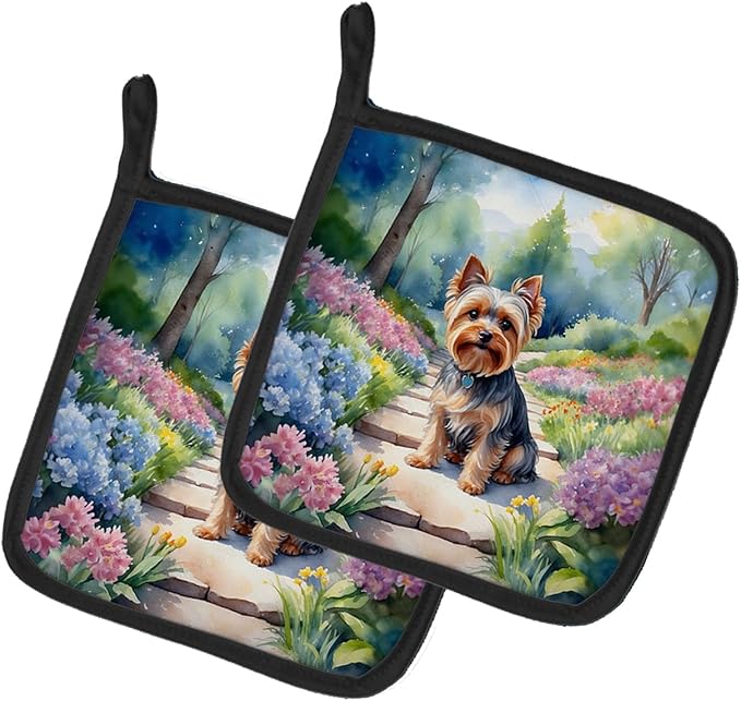 Caroline's Treasures Yorkshire Terrier Spring Path Pair of Pot Holders Kitchen Heat Resistant Pot Holders Sets Oven Hot Pads for Cooking Baking BBQ, 7 1/2 x 7 1/2