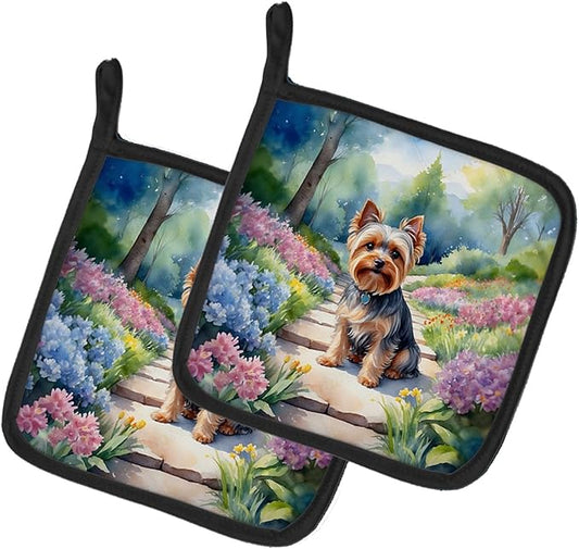Caroline's Treasures Yorkshire Terrier Spring Path Pair of Pot Holders Kitchen Heat Resistant Pot Holders Sets Oven Hot Pads for Cooking Baking BBQ, 7 1/2 x 7 1/2