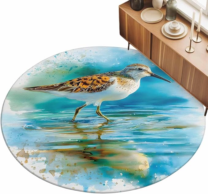 Washable Round Area Rug Natural Lake Bird Water Reflection Circle Rugs Floor Carpet for Living Room Bedroom, Animal Splatter Art Soft Non Slip Round Rug 3ft