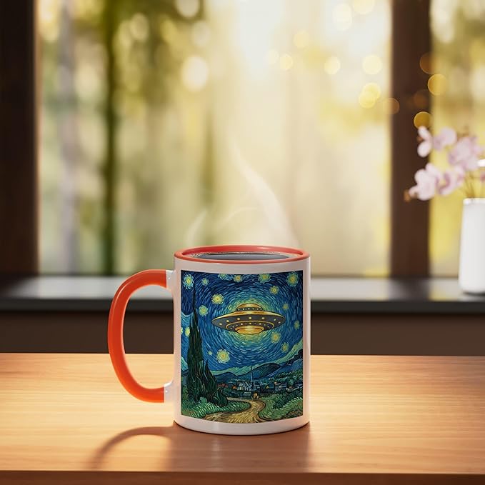 Ufo Over Starry Night Van Gogh Style Sci Fi Saucer Art Ceramic Mug, Orange/White