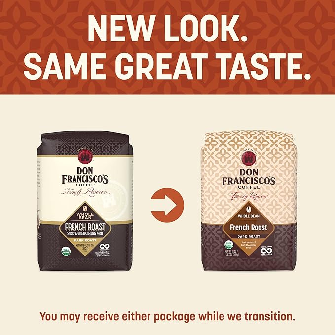 Don Francisco's Organic French Roast Whole Bean Coffee, Dark Roast – 100% Arabica Coffee, 18 oz Bag
