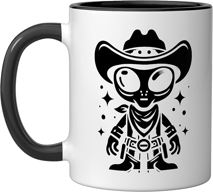 Alien Lover Flying Saucer UFO Extraterrestrial Cowboy Ceramic Mug, Black/White
