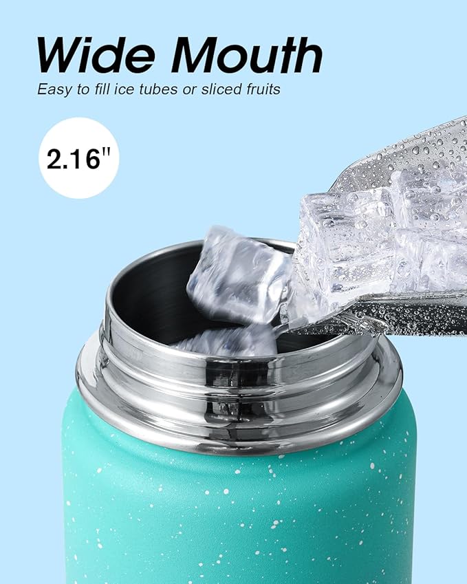 Coolflask Water Bottle 24 oz Insulated with Straw, Stainless Steel Metal 3 Lids Water Flask Wide Mouth for Sports or Office, Non-BPA Keep Cold Up to 48 Hrs or Hot Up to 24 Hrs, Glacier Blue