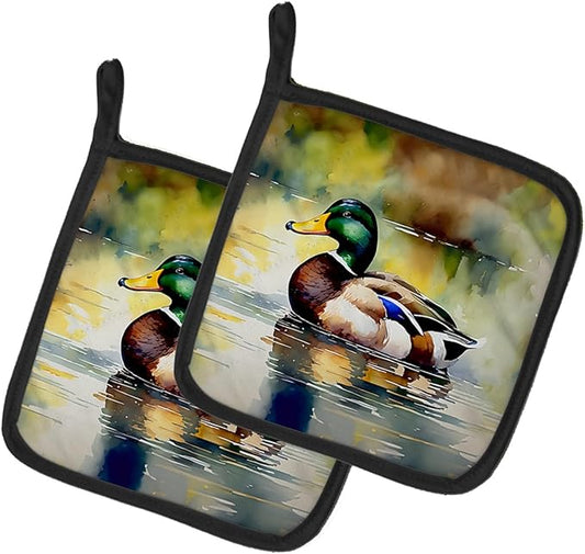Caroline's Treasures Mallard Pair of Pot Holders Kitchen Heat Resistant Pot Holders Sets Oven Hot Pads for Cooking Baking BBQ, 7 1/2 x 7 1/2
