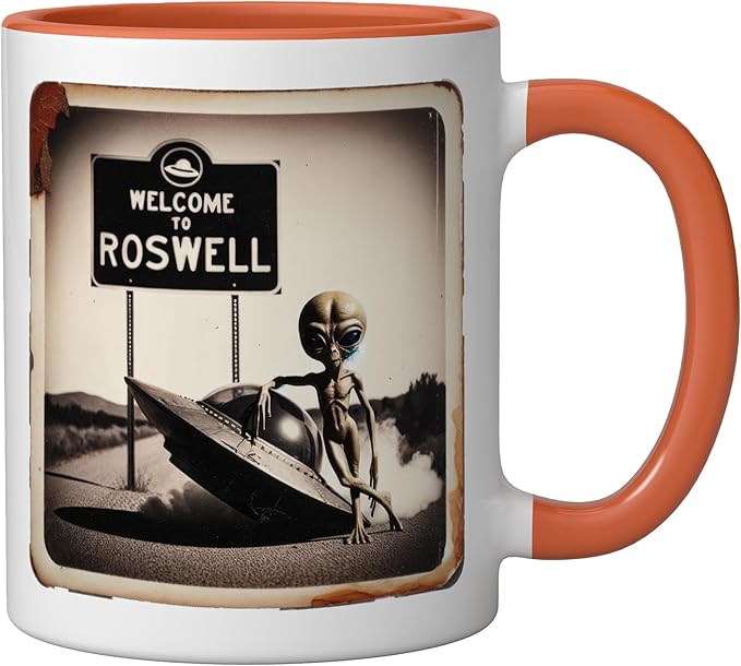 Vintage Alien UFO Crash At Roswell 1947 Photo Ceramic Mug, Orange/White