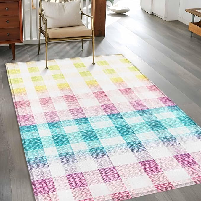 Area Rug 4x6ft, Easter Red Yellow Blue Stripes Washable Rugs for Living Room Bedroom, Abstract Buffalo Plaid Soft Non-Slip Area Rugs Rectangle Floor Carpet for Dining Room
