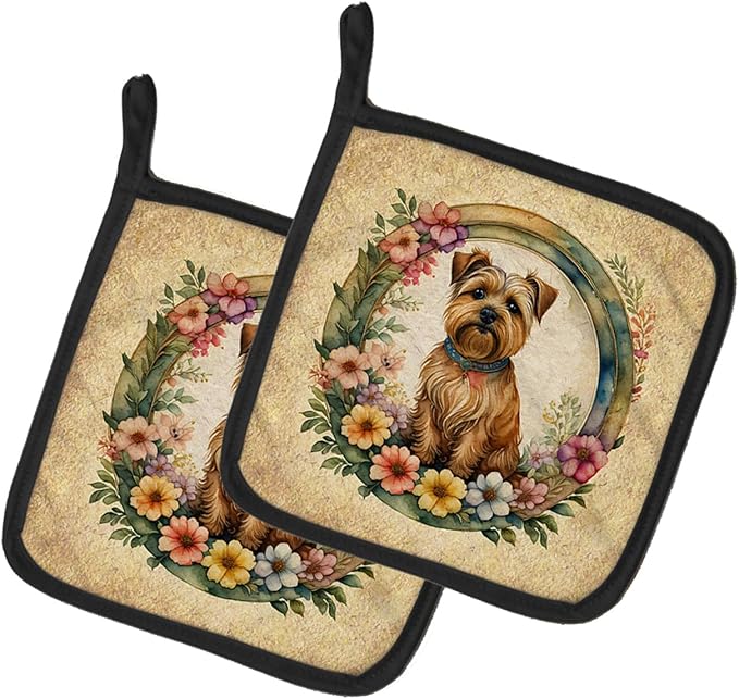 Caroline's Treasures Norfolk Terrier and Flowers Pair of Pot Holders Kitchen Heat Resistant Pot Holders Sets Oven Hot Pads for Cooking Baking BBQ, 7 1/2 x 7 1/2