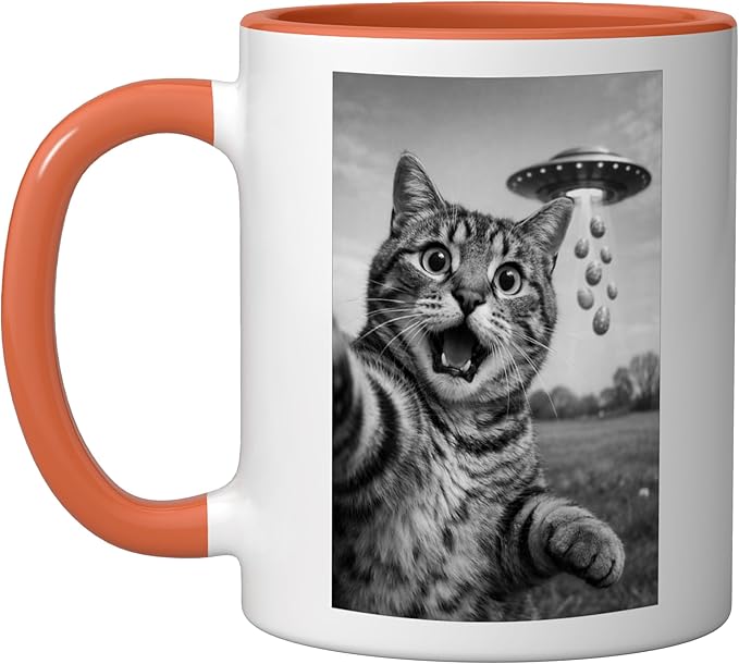 Funny Cat Selfie Easter Eggs Alien UFO Abduction Men Women Ceramic Mug, Orange/White
