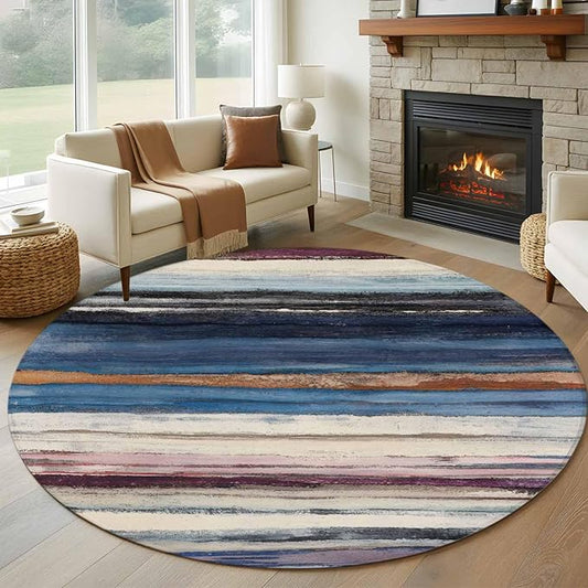 Washable Round Area Rug Modern Gradient Striped Art Circle Rugs Floor Carpet for Living Room Bedroom, Retro Abstract Rustic Texture Soft Non Slip Round Rug 5ft