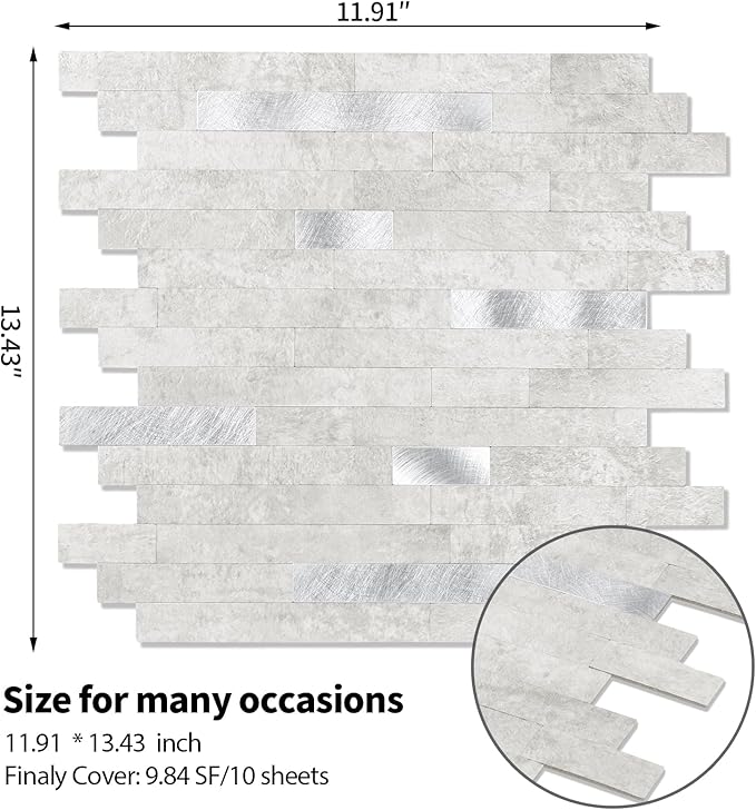 20 - Sheet Peel and Stick Backsplash Wall Tile, PVC Kitchen Backsplash, Stick on Tiles for Backsplash Kitchen (12'' X 12'', White Gray)