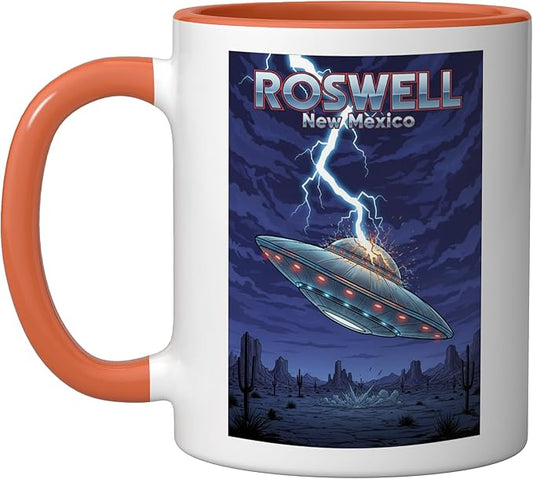Roswell UFO Flying Saucer New Mexico Souvenir Lightning Ceramic Mug, Orange/White