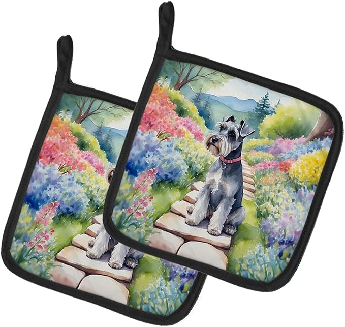 Caroline's Treasures Schnauzer Spring Path Pair of Pot Holders Kitchen Heat Resistant Pot Holders Sets Oven Hot Pads for Cooking Baking BBQ, 7 1/2 x 7 1/2