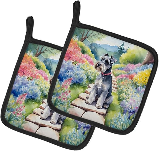 Caroline's Treasures Schnauzer Spring Path Pair of Pot Holders Kitchen Heat Resistant Pot Holders Sets Oven Hot Pads for Cooking Baking BBQ, 7 1/2 x 7 1/2