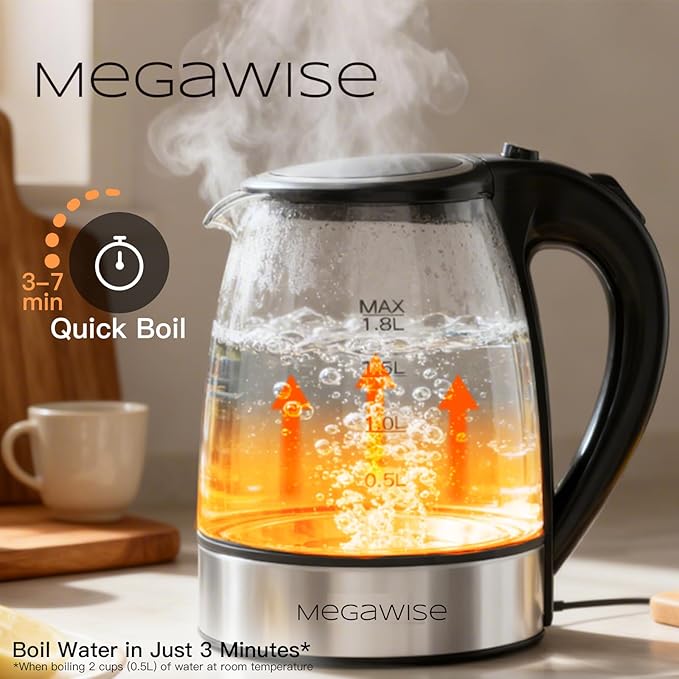 MEGAWISE Electric Kettle 1.8L, High Power Fast Boiling Hot Water Boiler, Auto Shut-Off, BPA-Free Food-Grade Material, Tea Kettle for Kitchen Home Office Coffee Tea